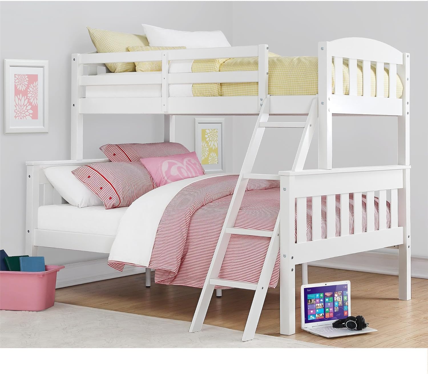 DHP Airlie Twin Over Full Bunk Bed, White, Wood, Ladder & Rails