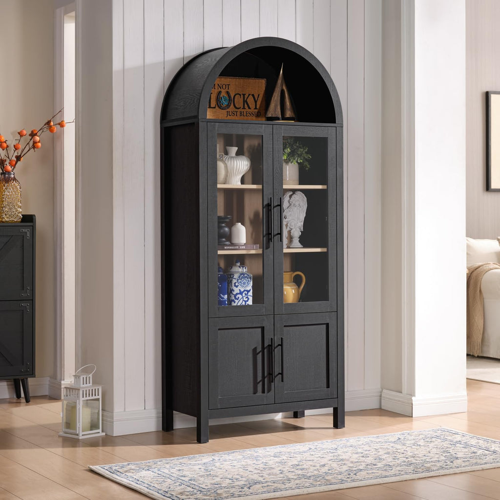 71" Arched Display Cabinet with Glass Doors, 5-Tier Bookcase, Black