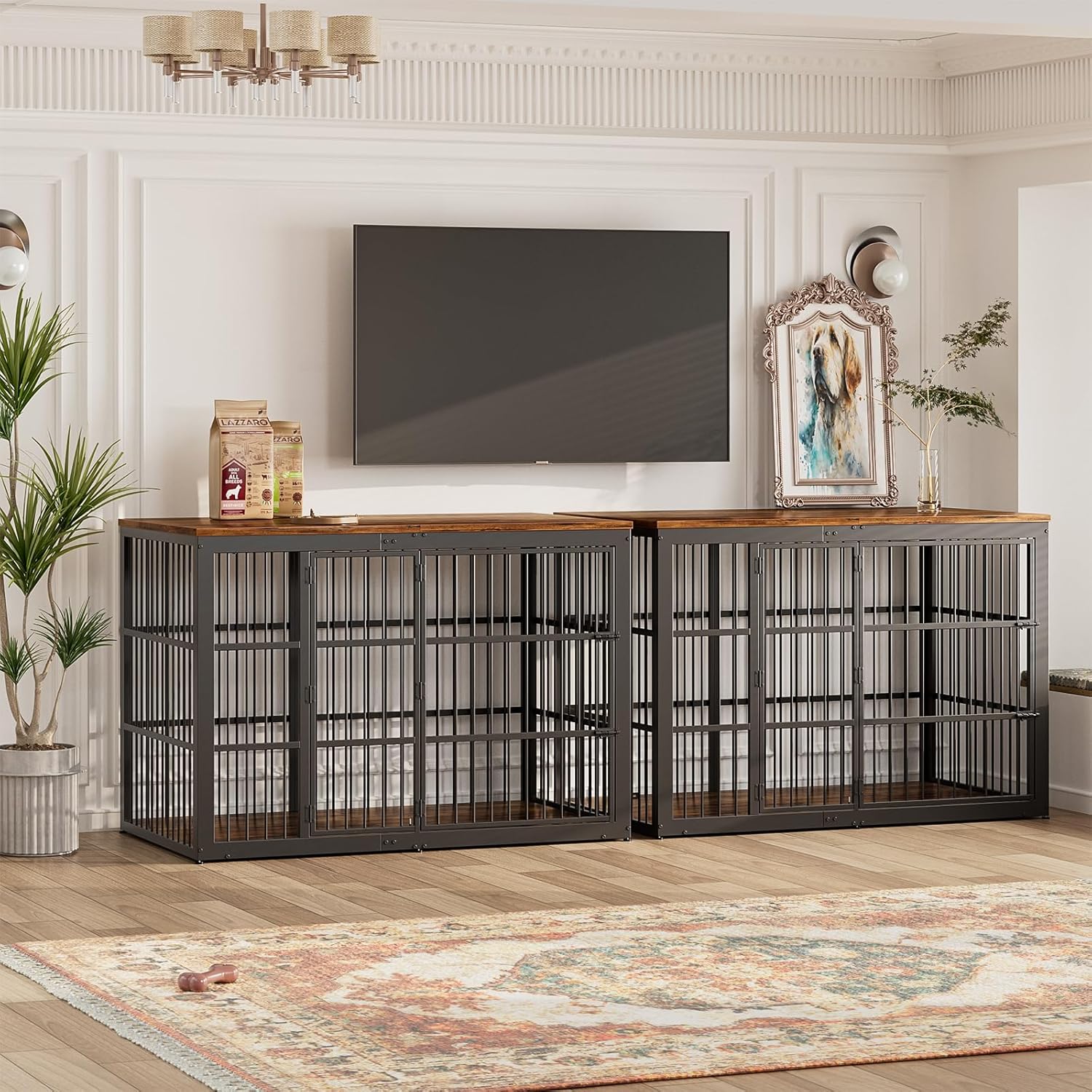 54" XXL Dog Crate Furniture with Foldable Door, Rustic Brown