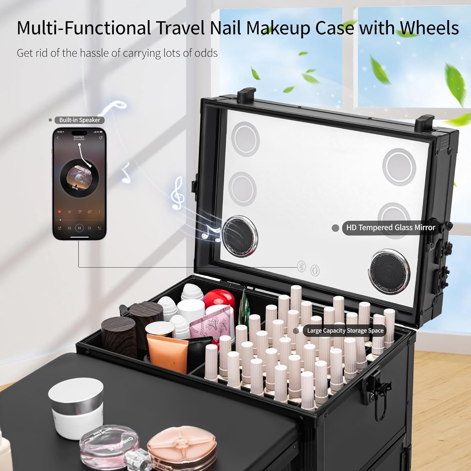 Rolling Manicure Table with Drawers, Bluetooth Speaker, LED Mirror, TSA Lock