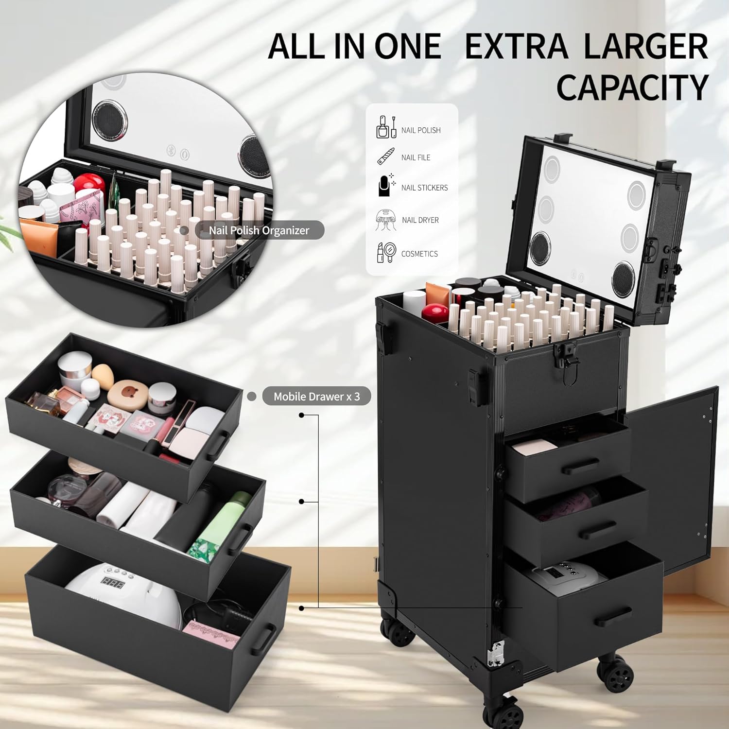 Rolling Manicure Table with Drawers, Bluetooth Speaker, LED Mirror, TSA Lock