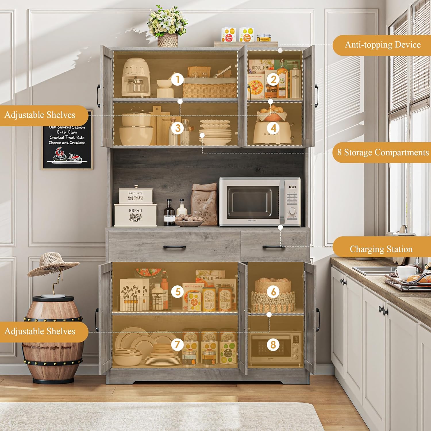 HOSTACK 71" Pantry Cabinet with Charging Station, Microwave Stand, Ash Grey