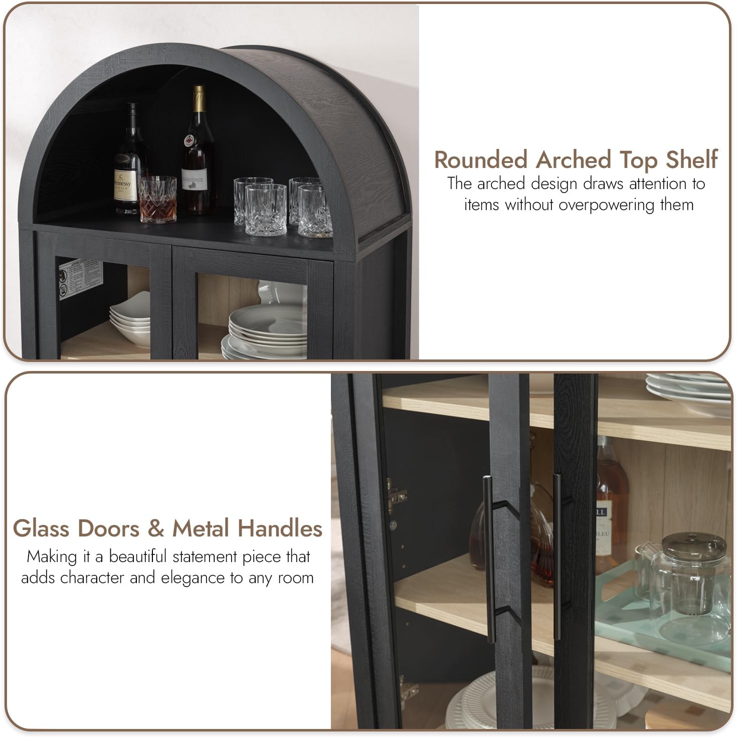 71" Arched Display Cabinet with Glass Doors, 5-Tier Bookcase, Black