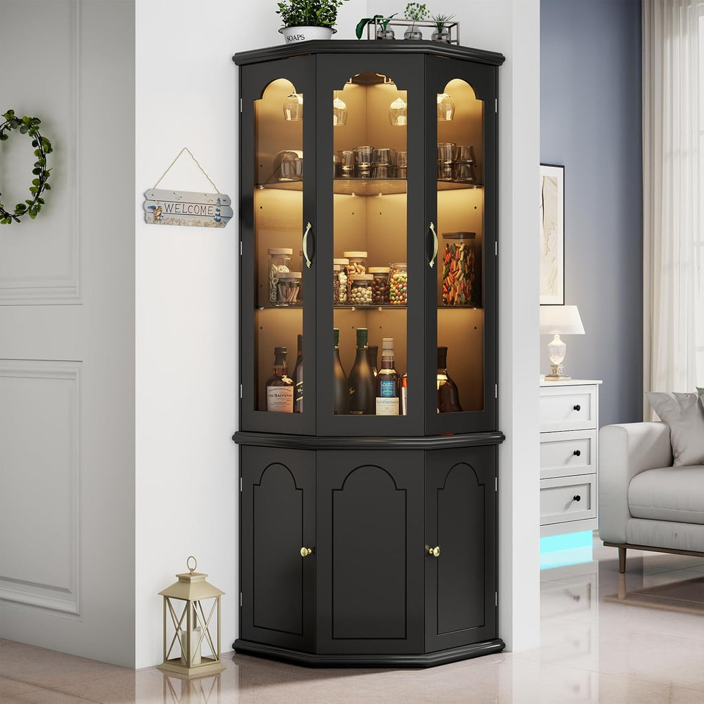 Corner Bar Cabinet with LED Lights, Glass Door, Black