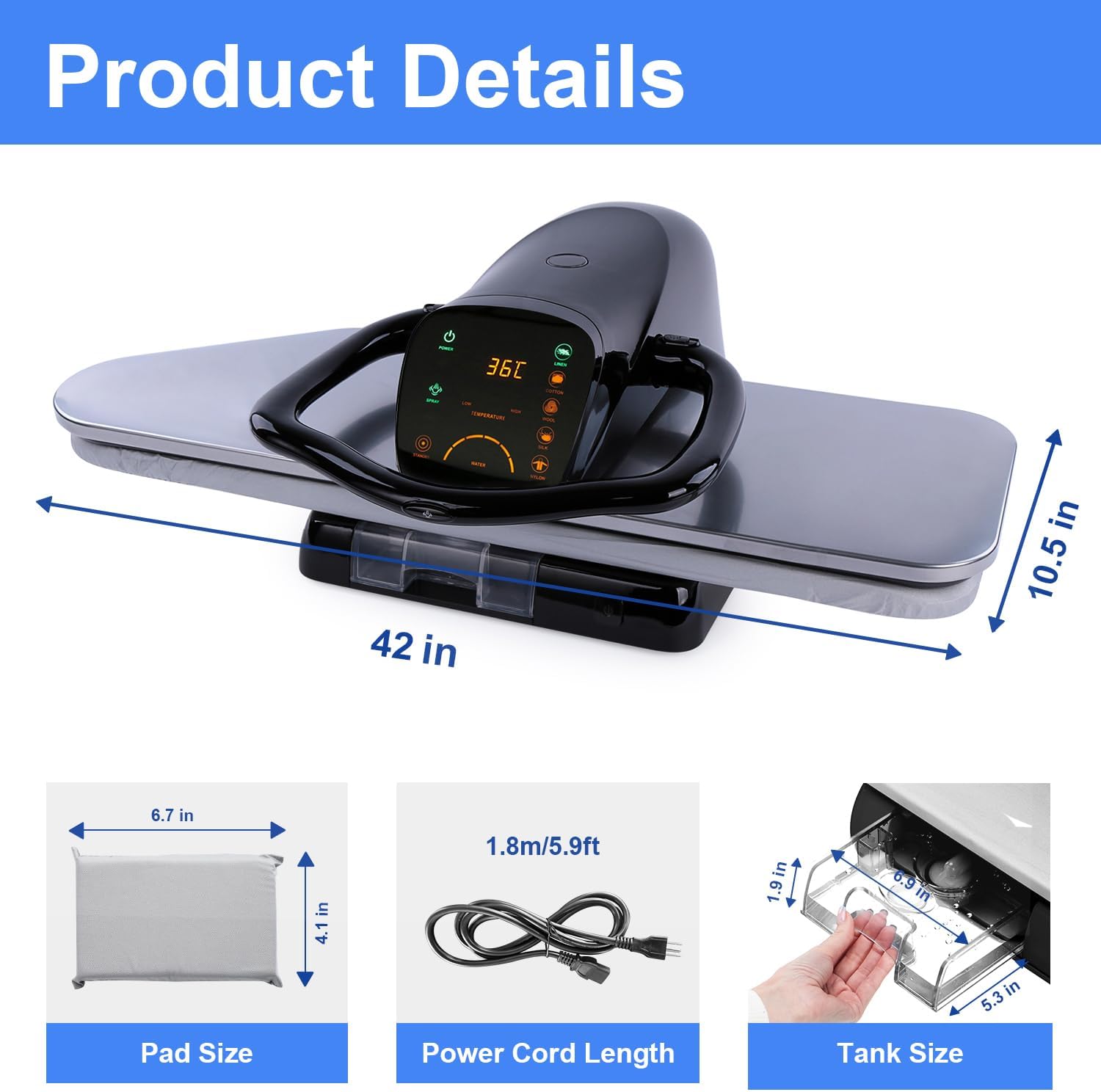 42" Steam Iron Press with LED Touchscreen, 1800W, 5 Settings