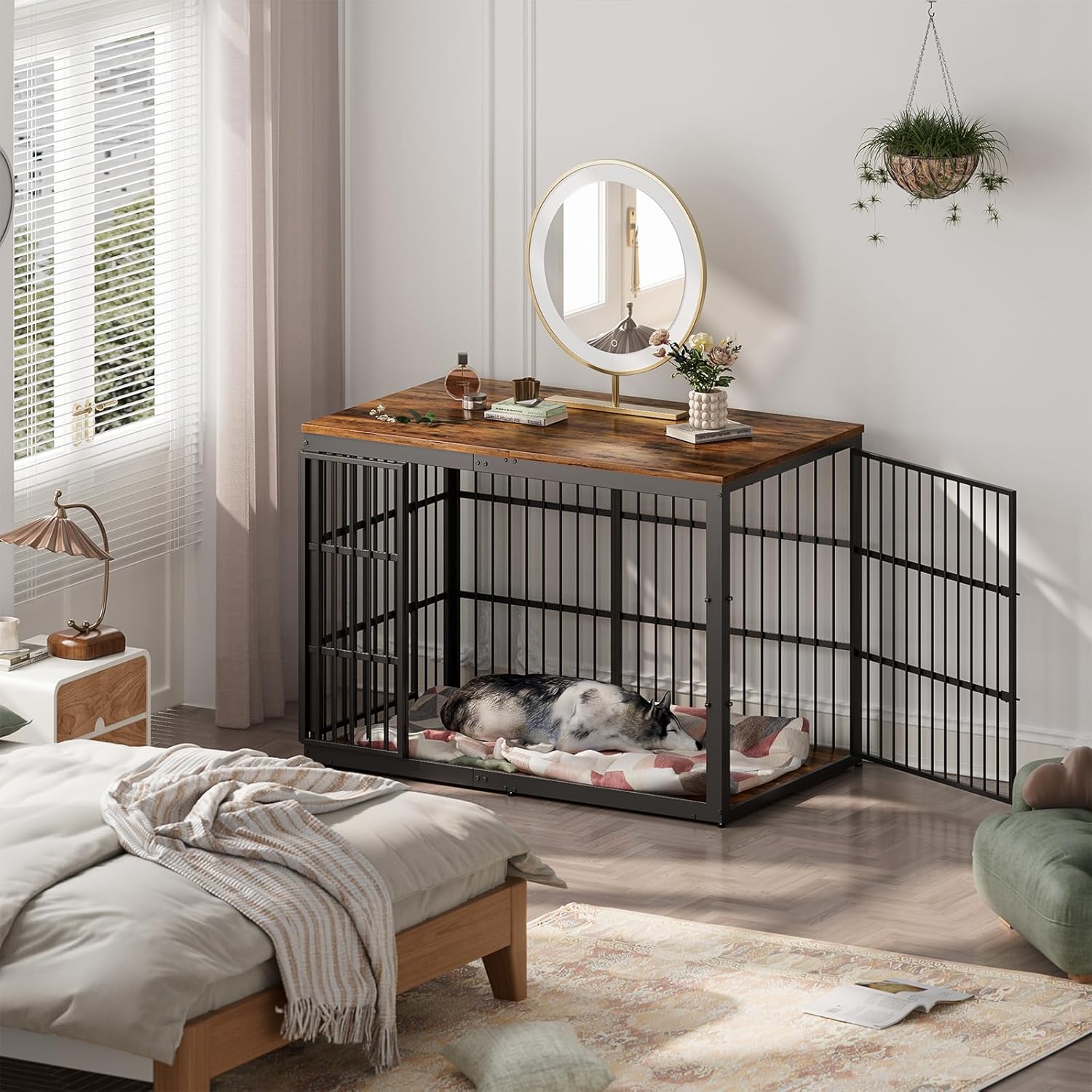 54" XXL Dog Crate Furniture with Foldable Door, Rustic Brown