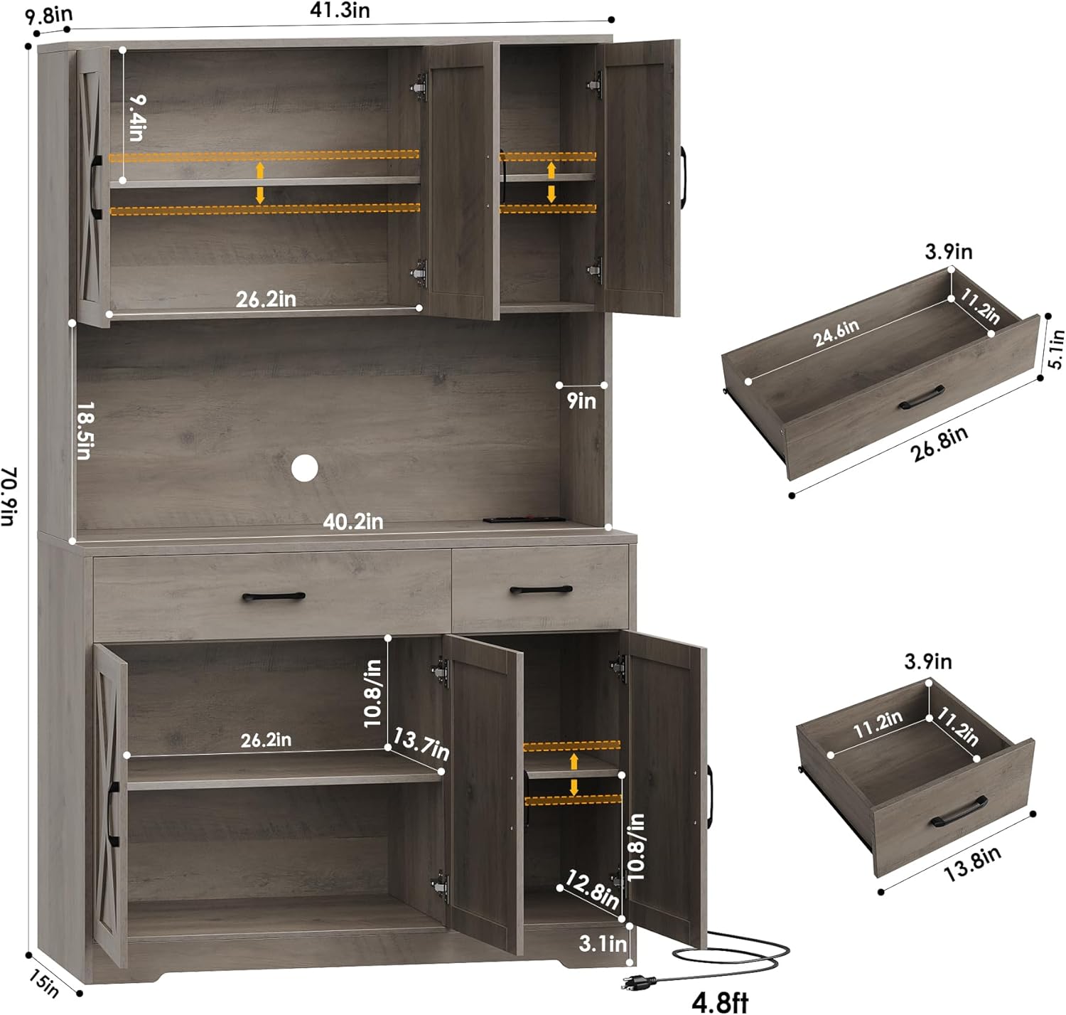 HOSTACK 71" Pantry Cabinet with Charging Station, Microwave Stand, Ash Grey