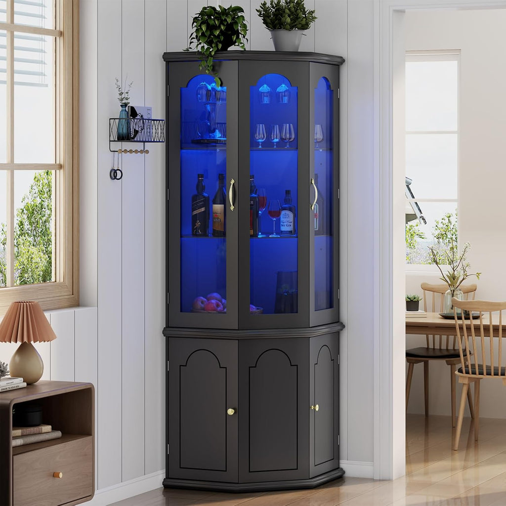 Corner Bar Cabinet with LED Lights, Glass Door, Black