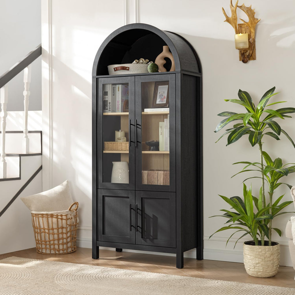71" Arched Display Cabinet with Glass Doors, 5-Tier Bookcase, Black