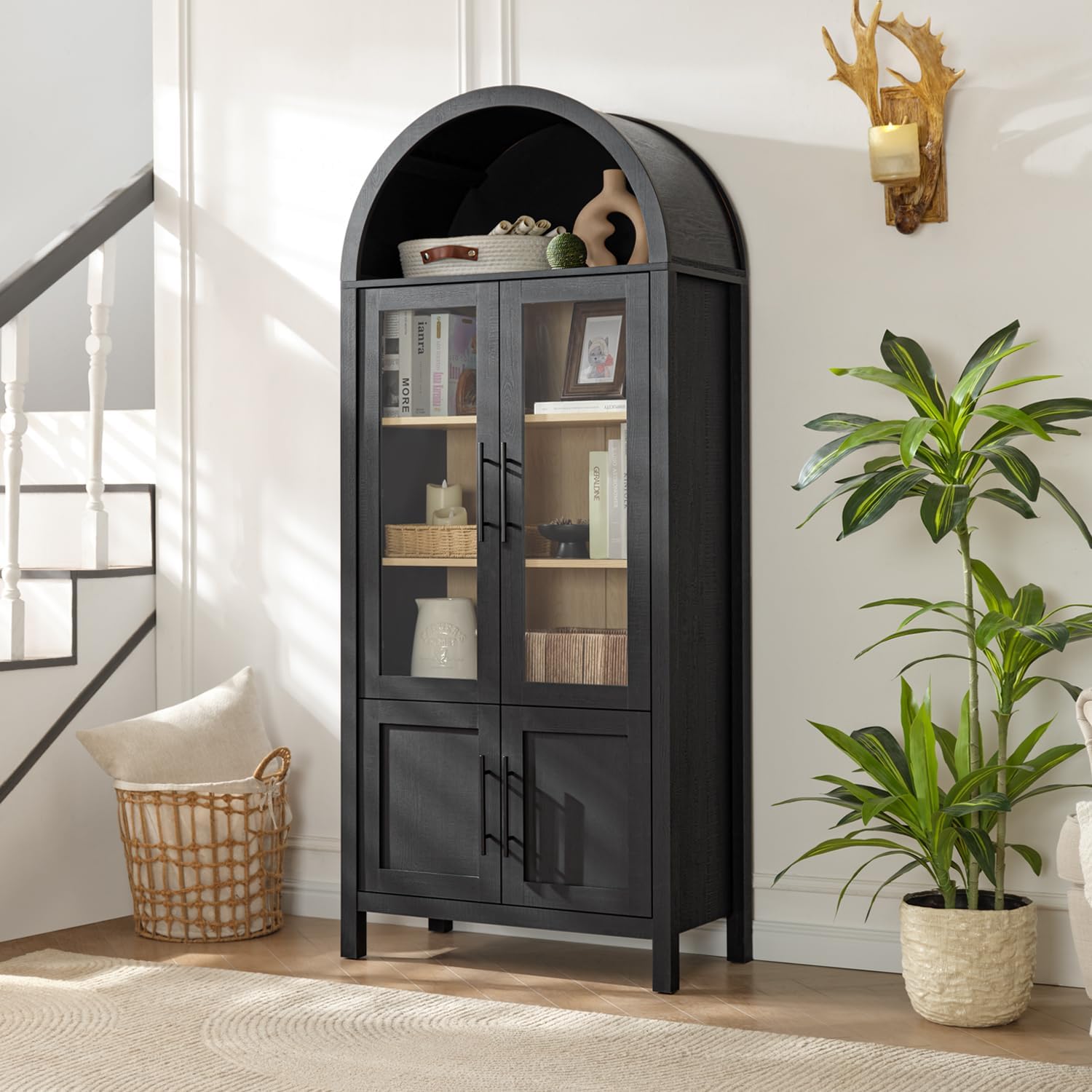 71" Arched Display Cabinet with Glass Doors, 5-Tier Bookcase, Black