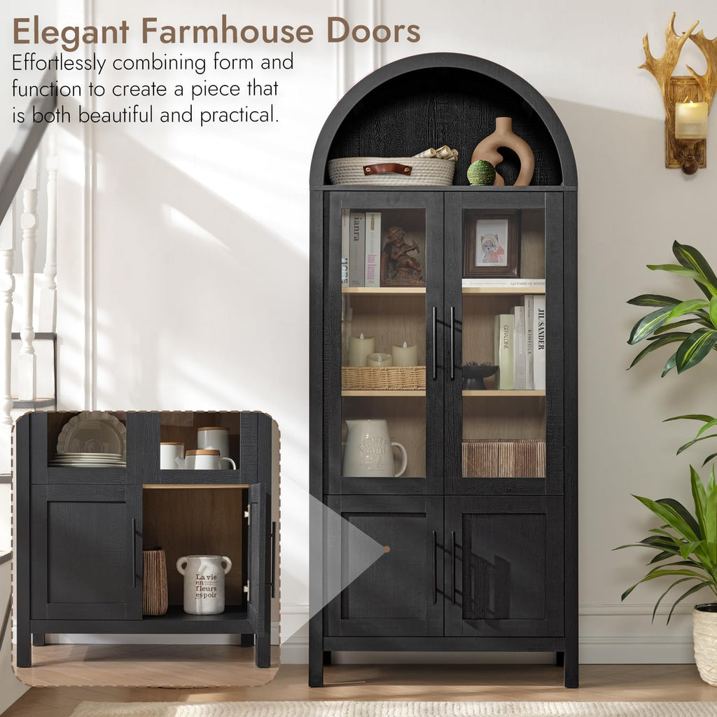 71" Arched Display Cabinet with Glass Doors, 5-Tier Bookcase, Black
