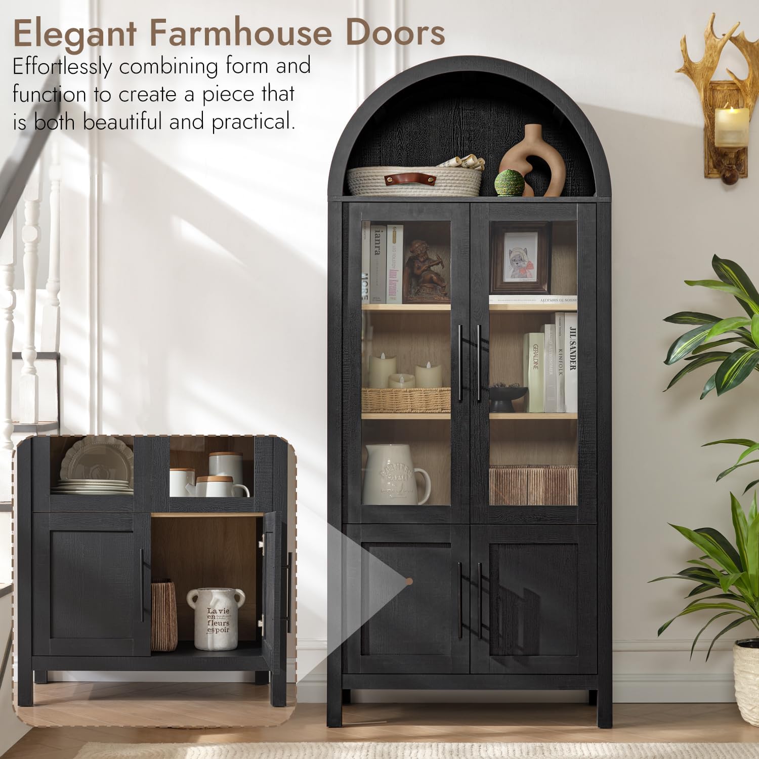 71" Arched Display Cabinet with Glass Doors, 5-Tier Bookcase, Black