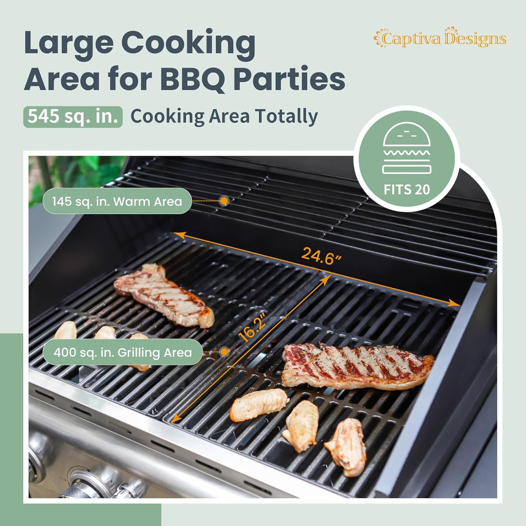 Captiva Designs 4-Burner Gas Grill, Side Burner, 42,000 BTU, Stainless