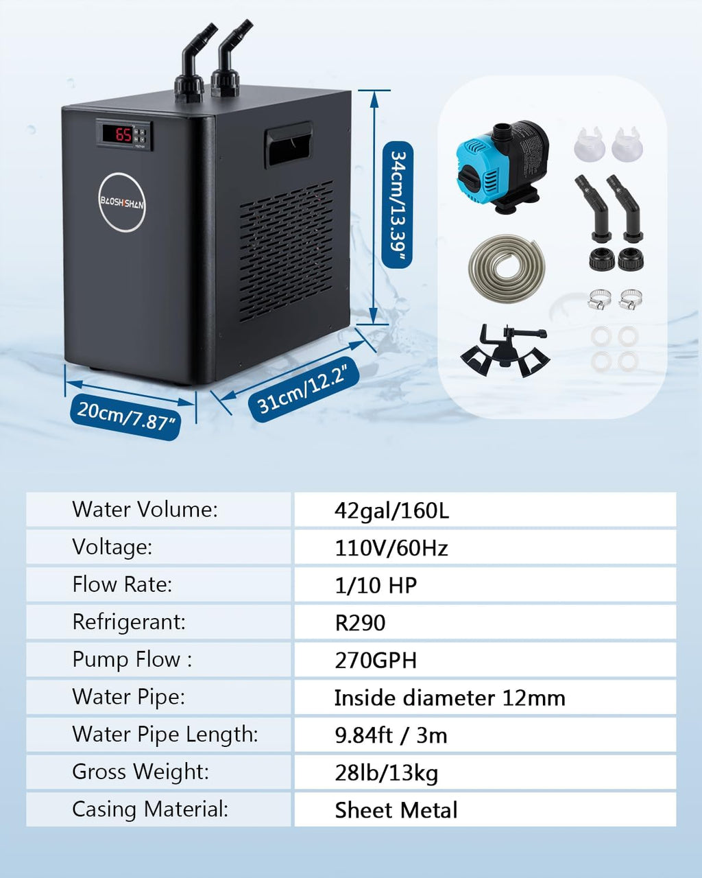 BAOSHISHAN Aquarium Chiller 42gal, 1/10 HP, Quiet Compressor