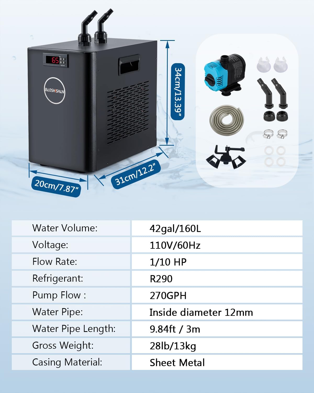 BAOSHISHAN Aquarium Chiller 42gal, 1/10 HP, Quiet Compressor
