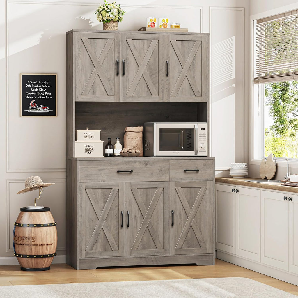 HOSTACK 71" Pantry Cabinet with Charging Station, Microwave Stand, Ash Grey