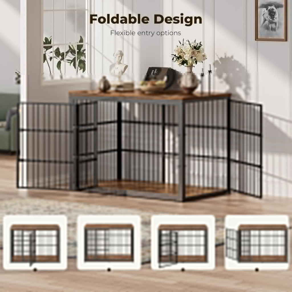 54" XXL Dog Crate Furniture with Foldable Door, Rustic Brown