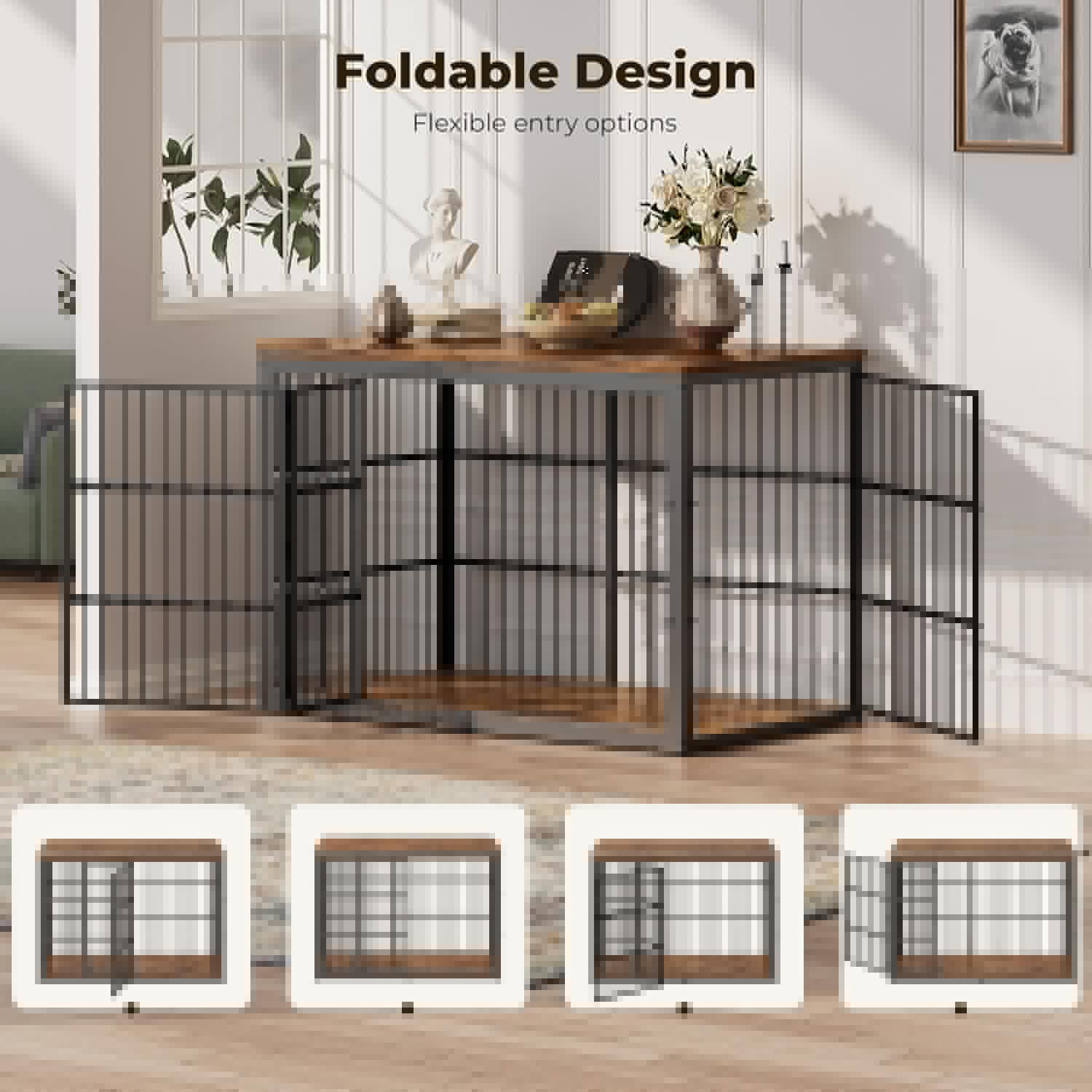 54" XXL Dog Crate Furniture with Foldable Door, Rustic Brown