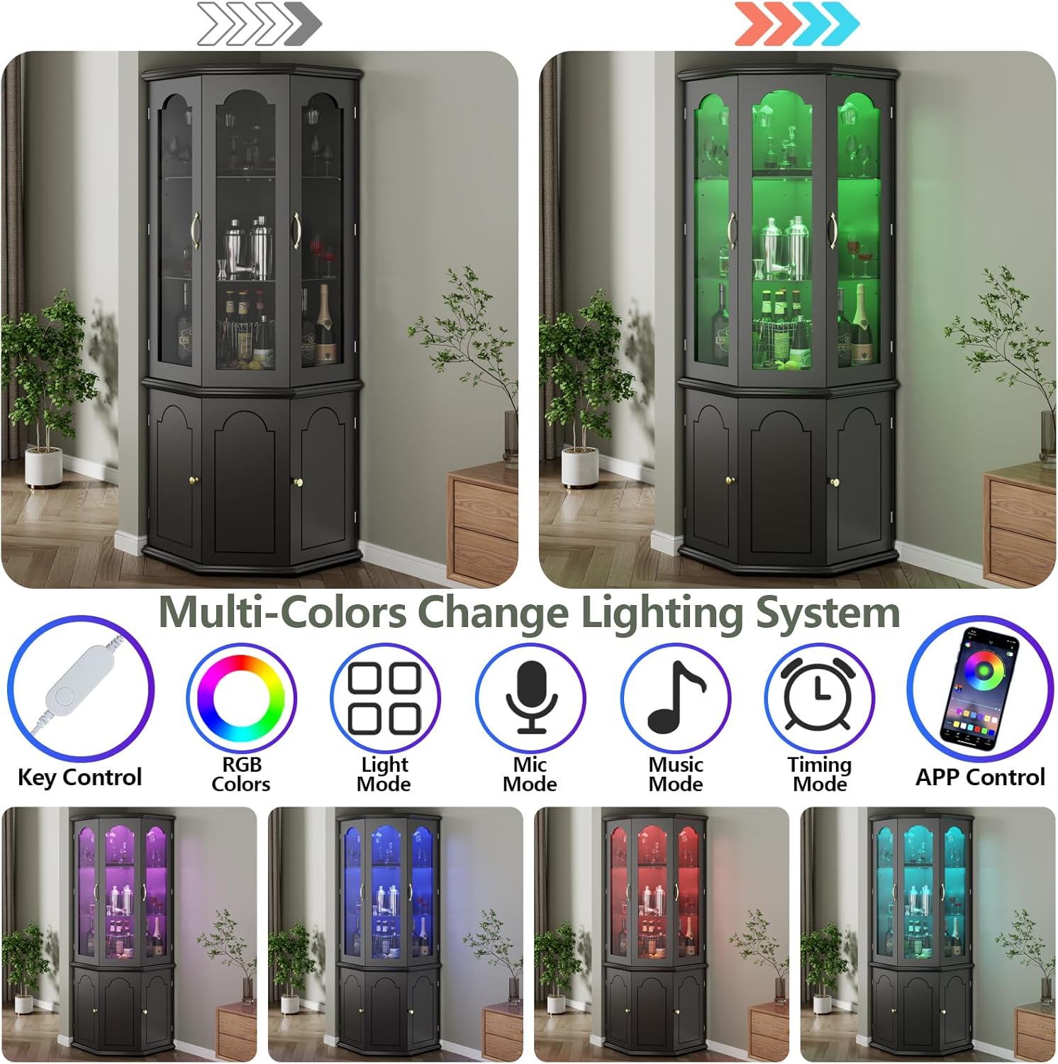 Corner Bar Cabinet with LED Lights, Glass Door, Black