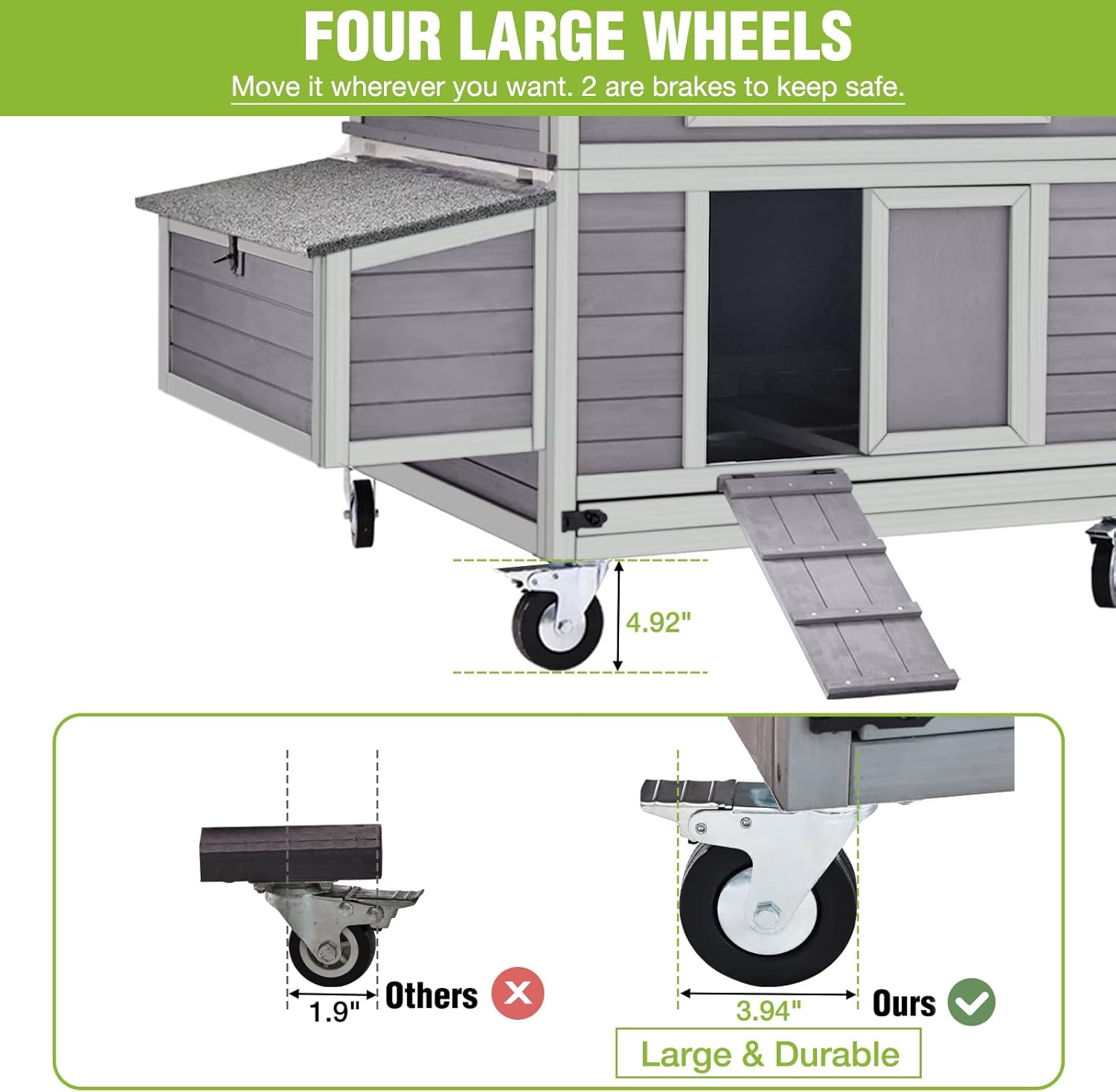 GUTINNEEN Mobile Chicken Coop, 67.3" Weatherproof, 6 Nesting Boxes