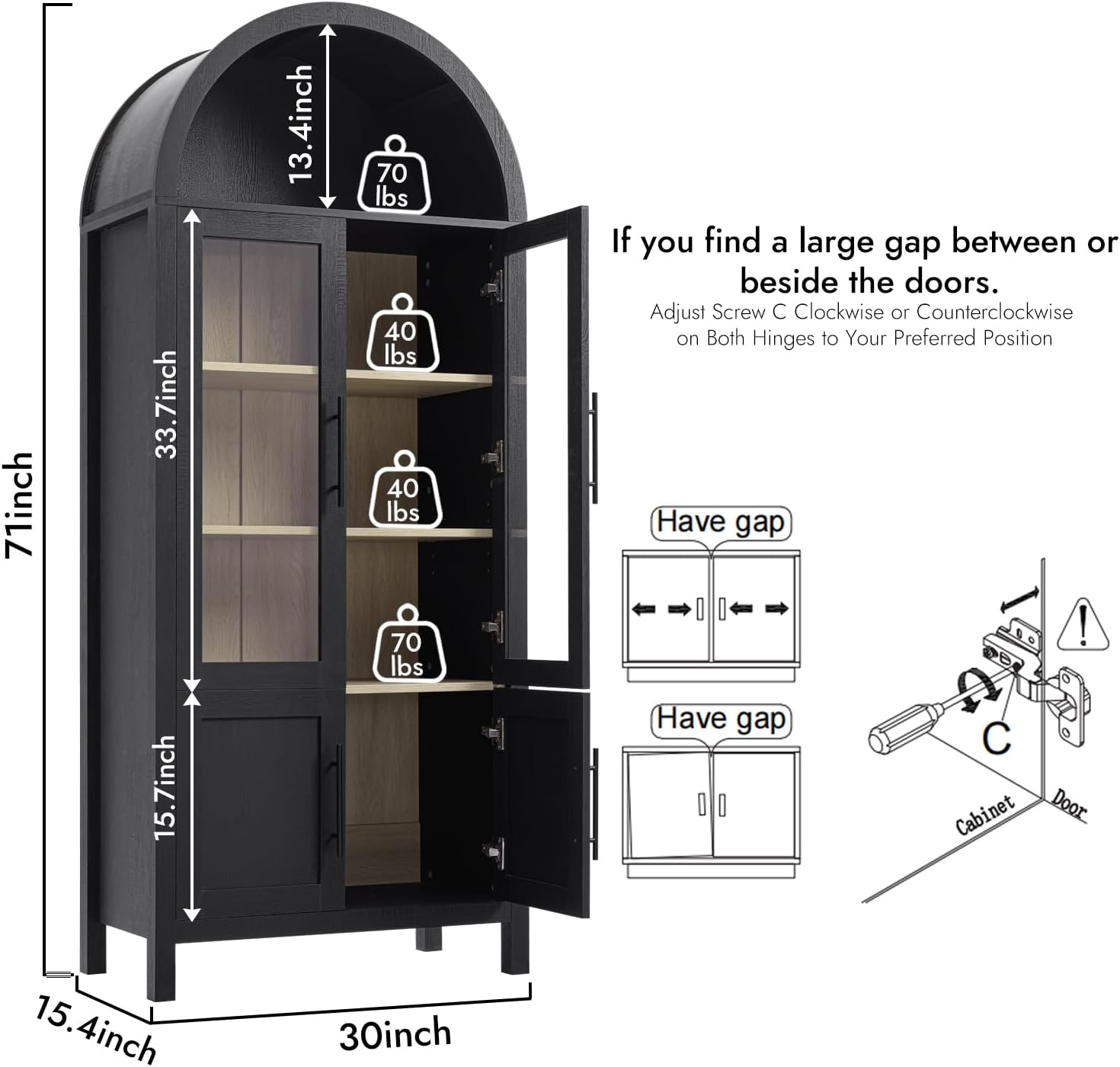 71" Arched Display Cabinet with Glass Doors, 5-Tier Bookcase, Black