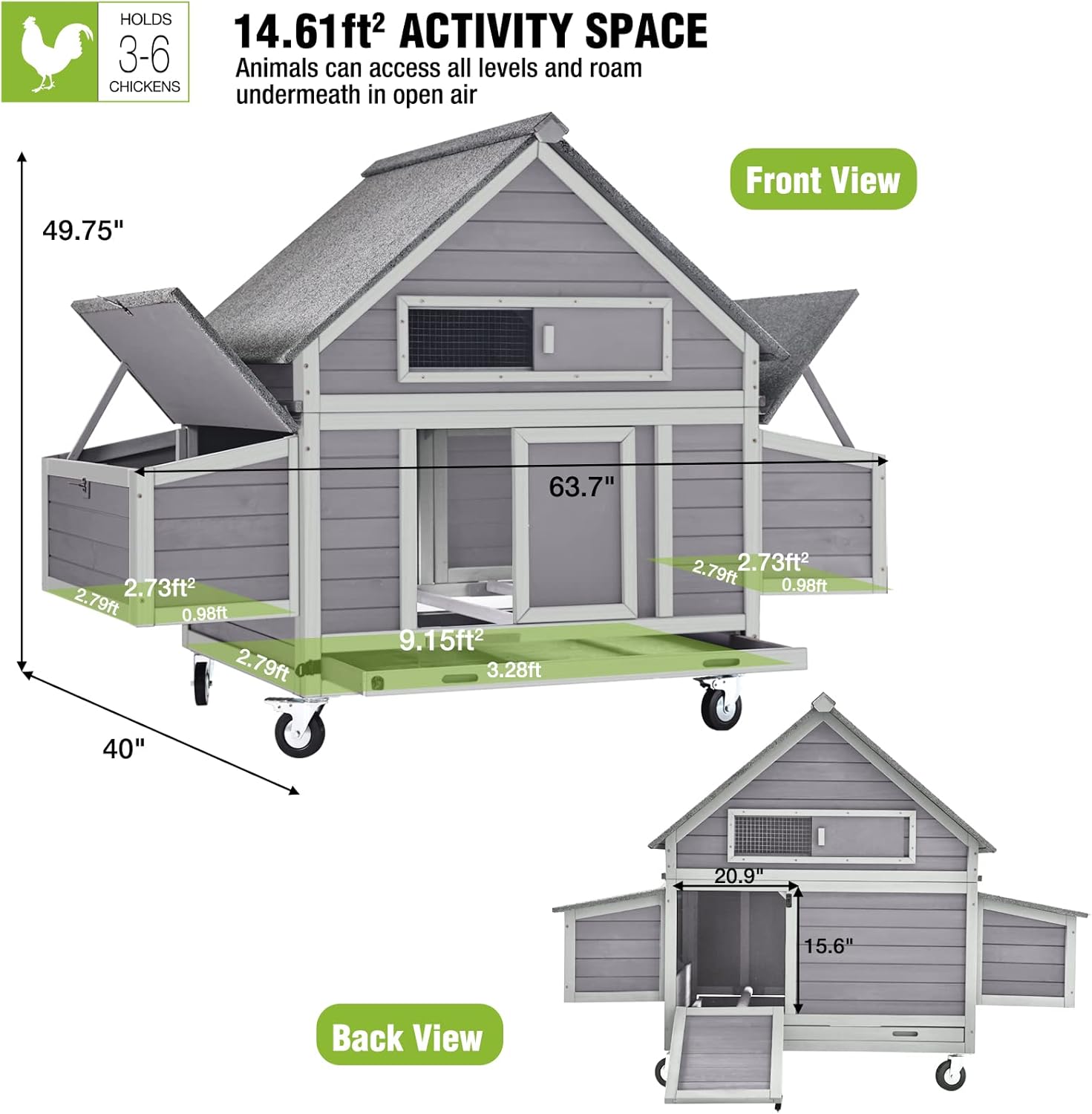 GUTINNEEN Mobile Chicken Coop, 67.3" Weatherproof, 6 Nesting Boxes