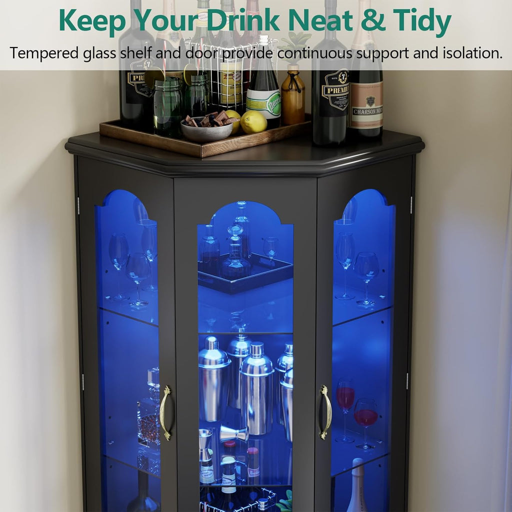 Corner Bar Cabinet with LED Lights, Glass Door, Black