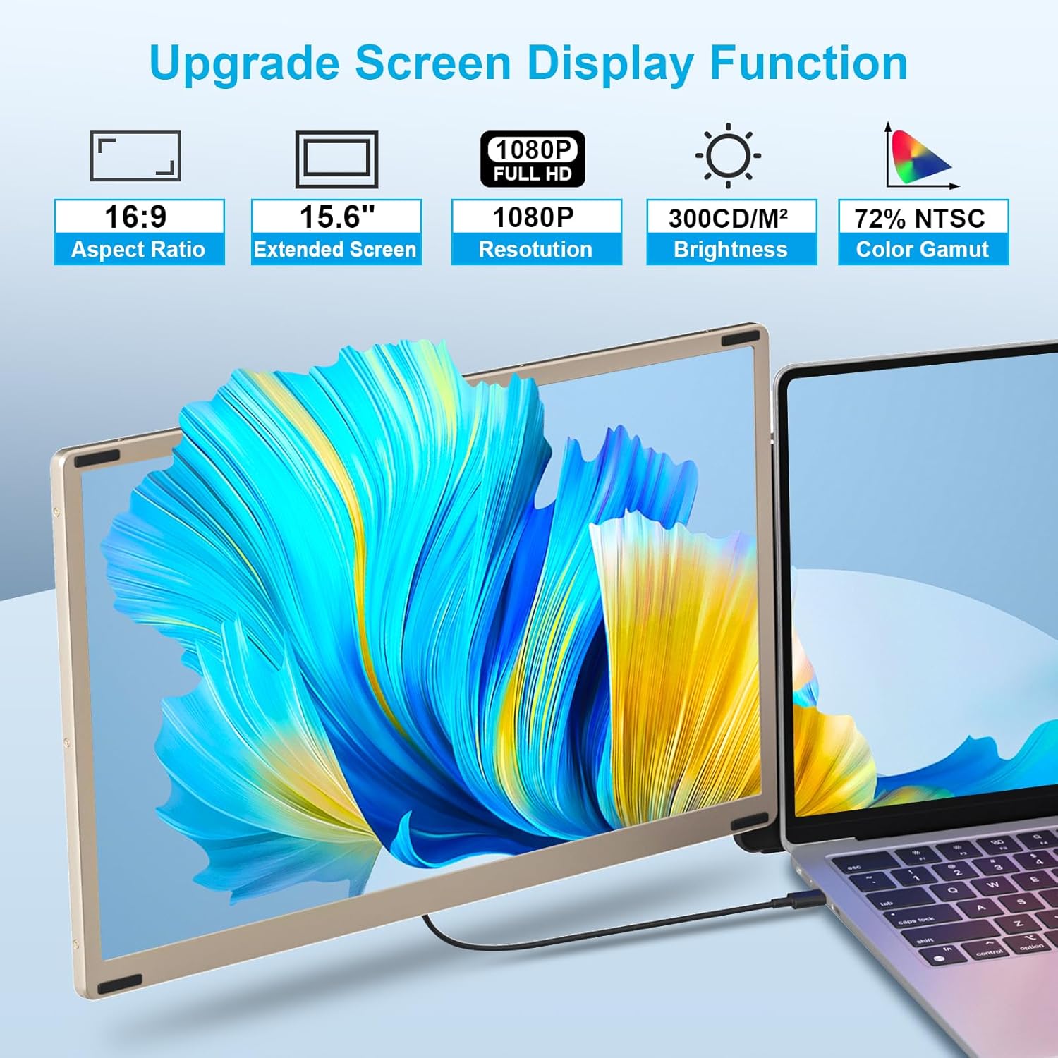 Laptop Screen Extender, 15.6" FHD, Fits 13–17" Laptops, Plug & Play