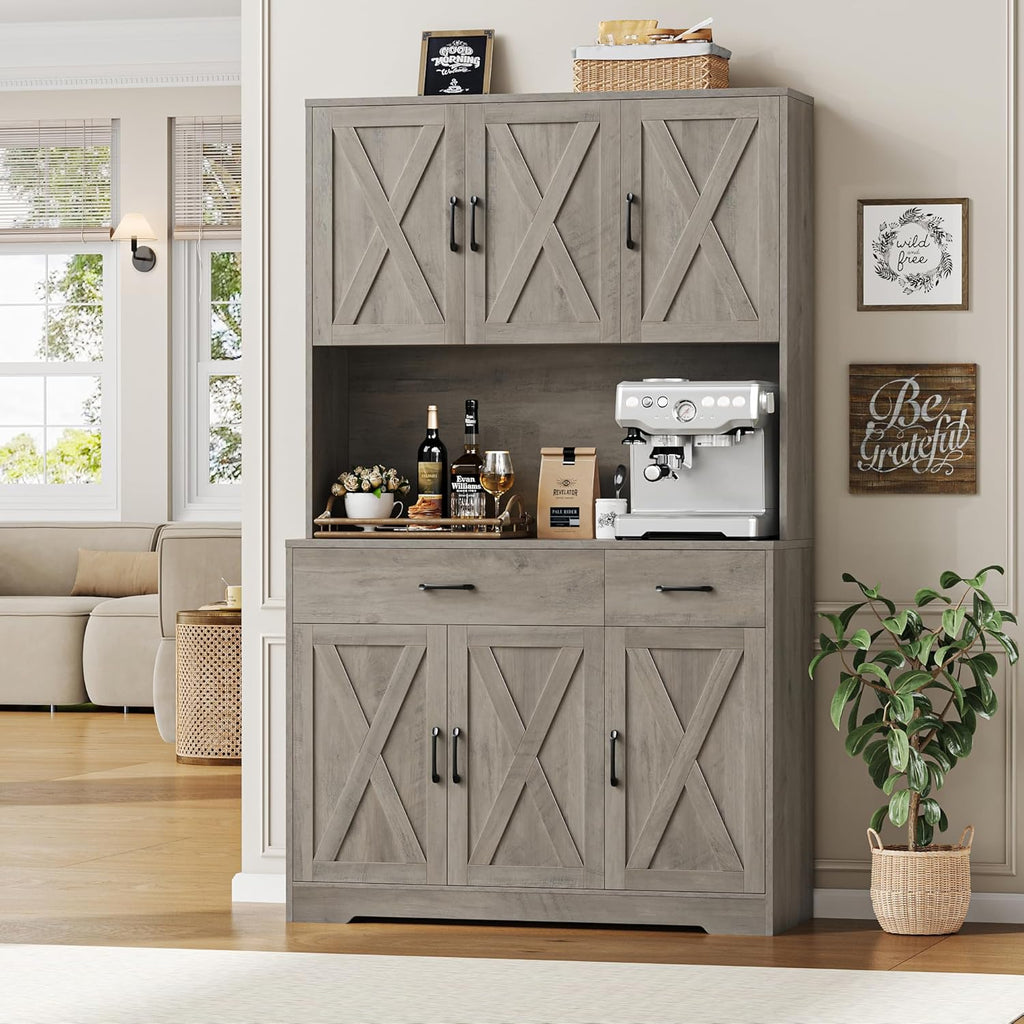 HOSTACK 71" Pantry Cabinet with Charging Station, Microwave Stand, Ash Grey