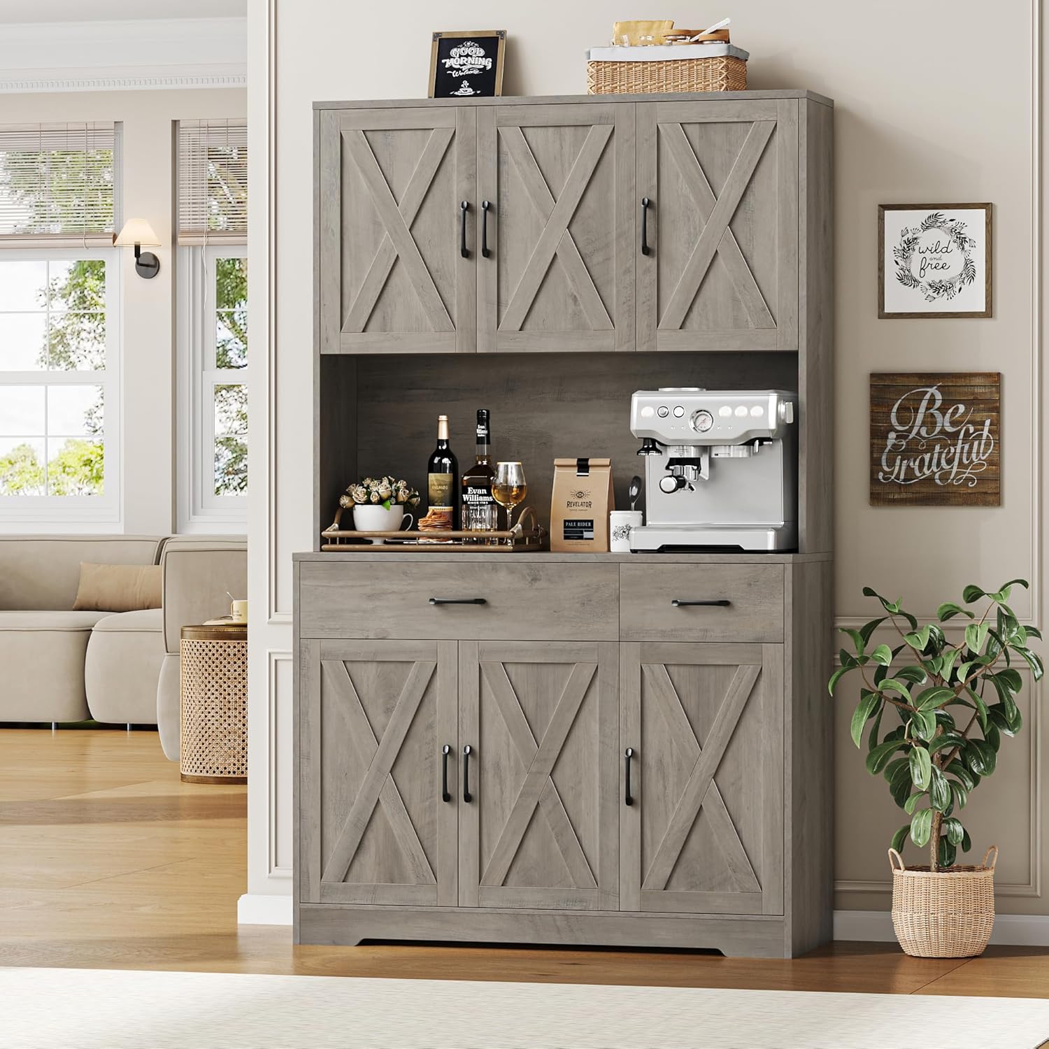 HOSTACK 71" Pantry Cabinet with Charging Station, Microwave Stand, Ash Grey