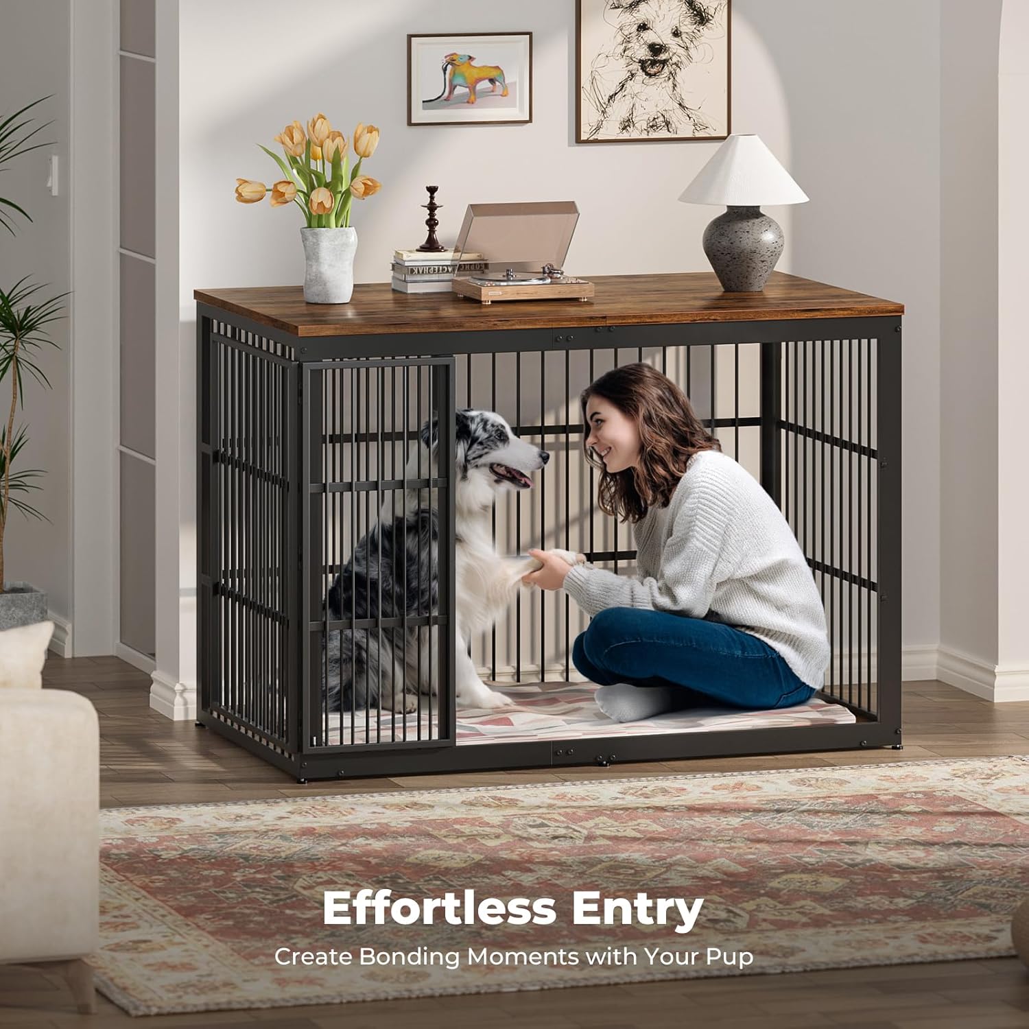 54" XXL Dog Crate Furniture with Foldable Door, Rustic Brown