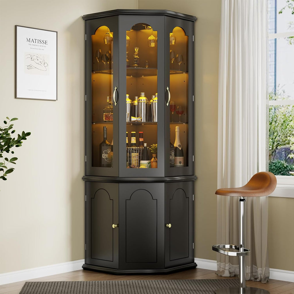 Corner Bar Cabinet with LED Lights, Glass Door, Black