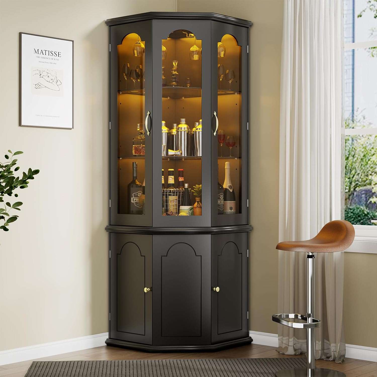 Corner Bar Cabinet with LED Lights, Glass Door, Black