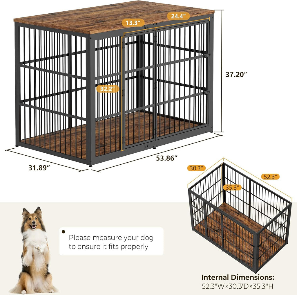 54" XXL Dog Crate Furniture with Foldable Door, Rustic Brown