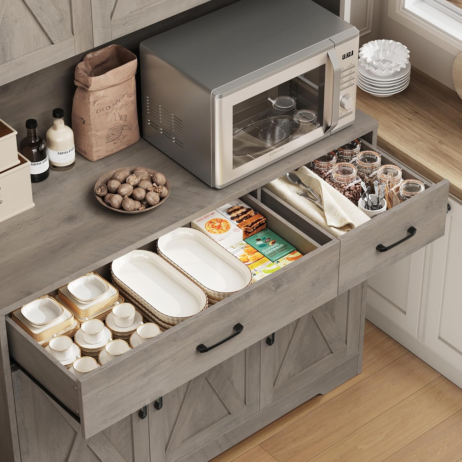 HOSTACK 71" Pantry Cabinet with Charging Station, Microwave Stand, Ash Grey