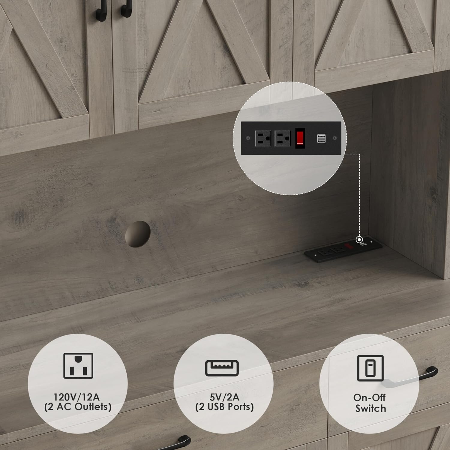 HOSTACK 71" Pantry Cabinet with Charging Station, Microwave Stand, Ash Grey