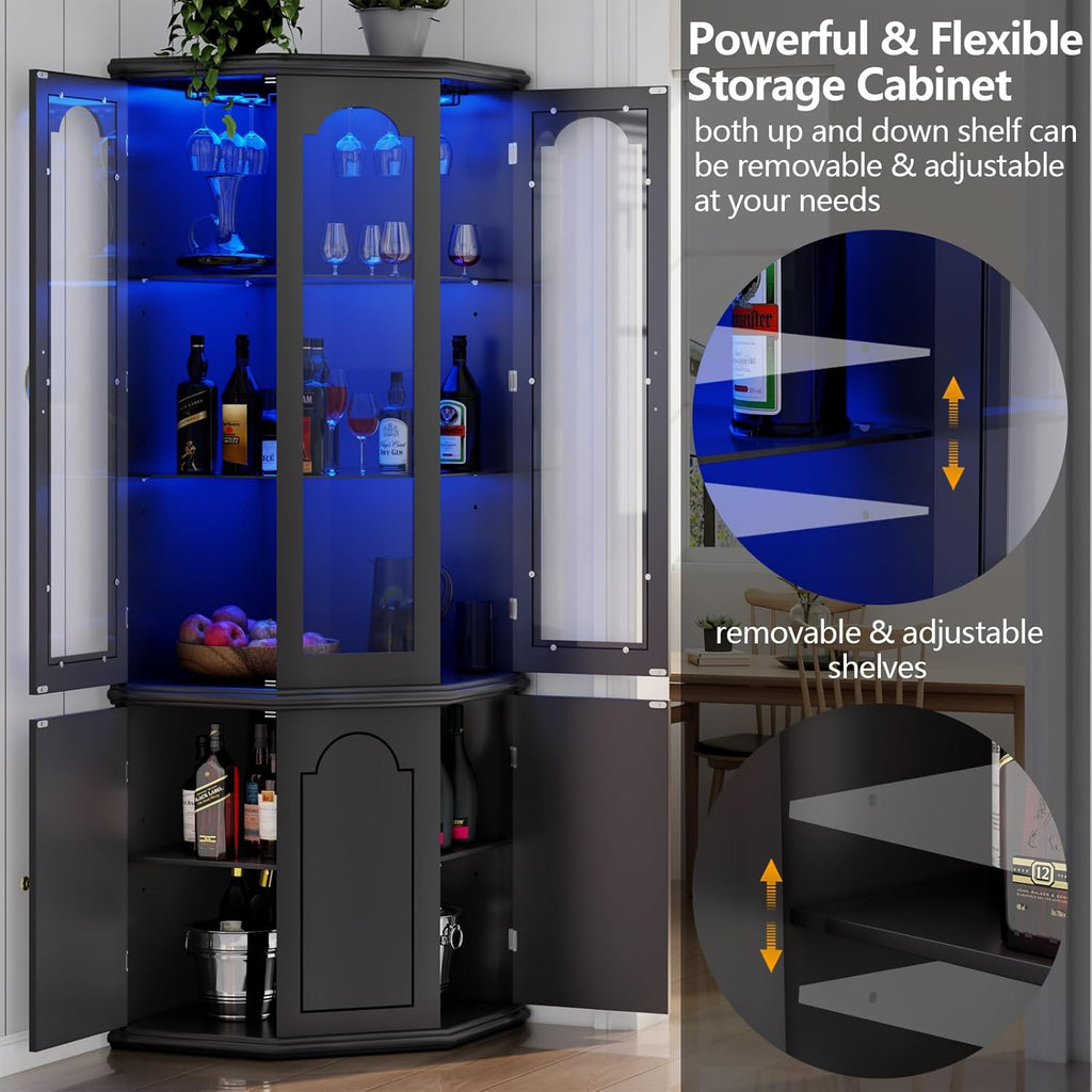 Corner Bar Cabinet with LED Lights, Glass Door, Black