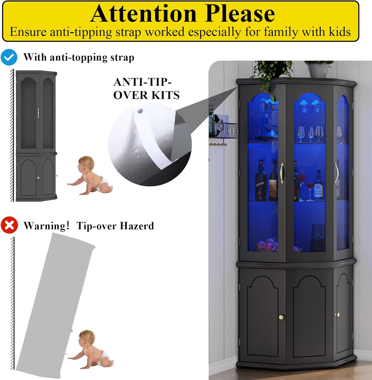Corner Bar Cabinet with LED Lights, Glass Door, Black