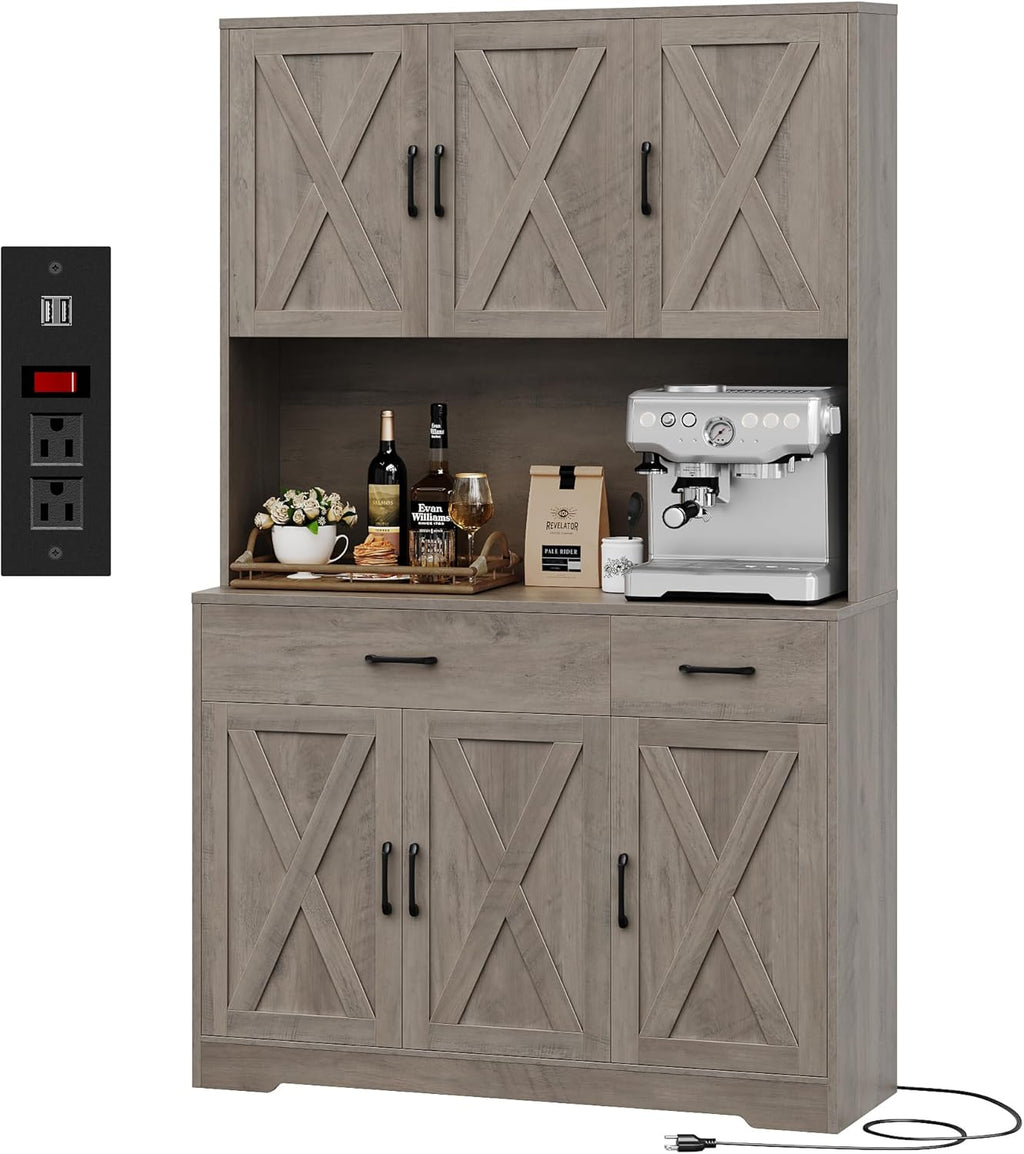 HOSTACK 71" Pantry Cabinet with Charging Station, Microwave Stand, Ash Grey